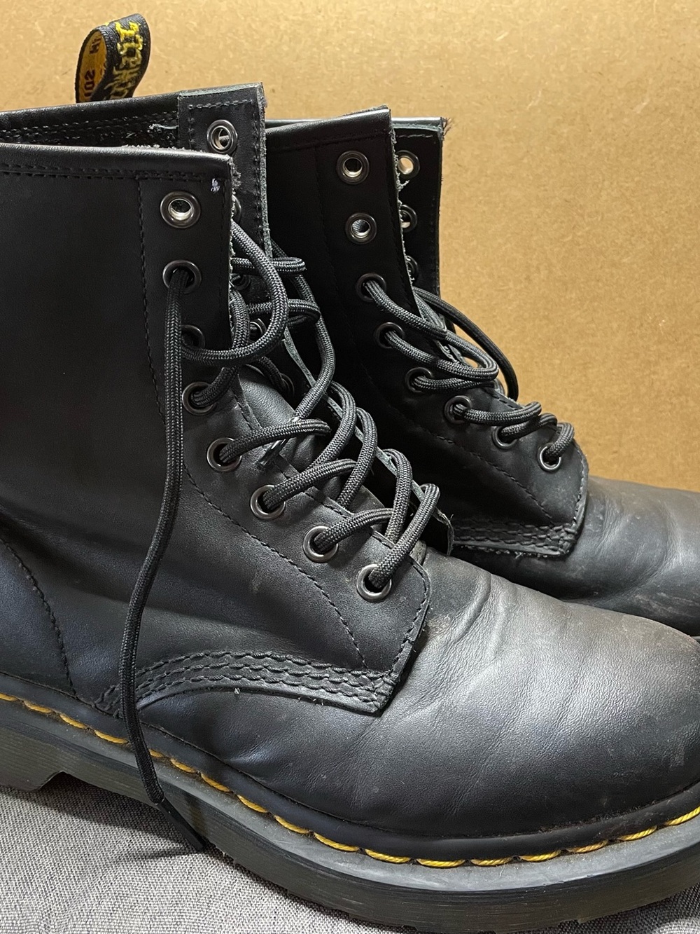 Dr. Martens Black Leather Lace-Up Boots with Yellow Welt Stitching